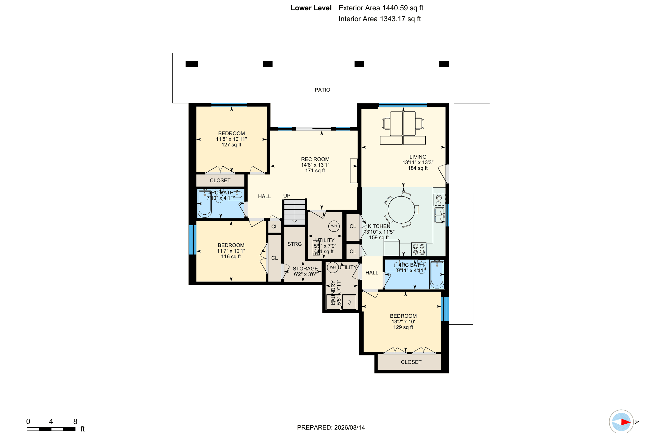 Floor plan of the walkout level, with the rec room, two bedrooms and the legal suite
