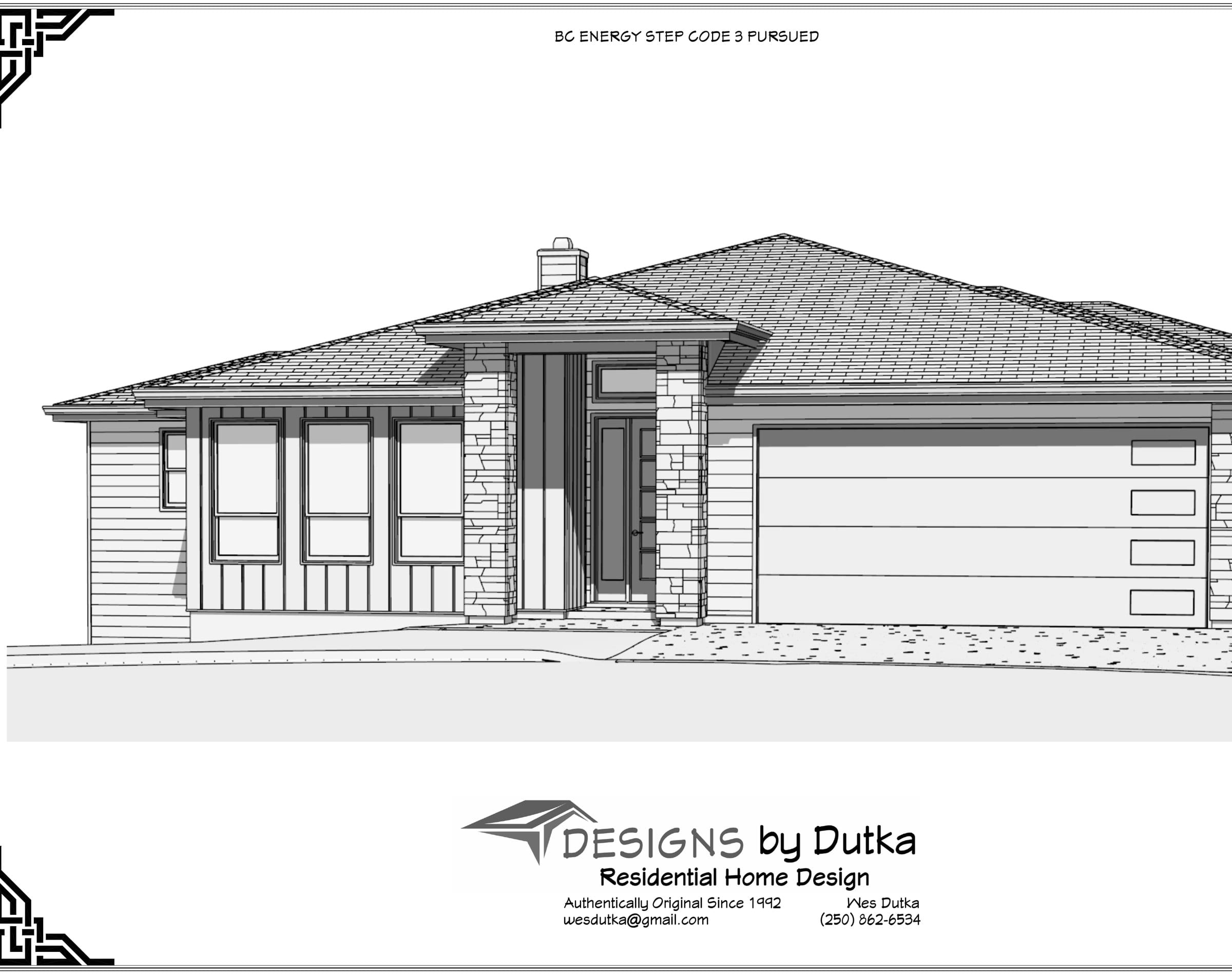Designer front elevation drawing of the walkout rancher planned for Lot 34, with a stone entry and double garage