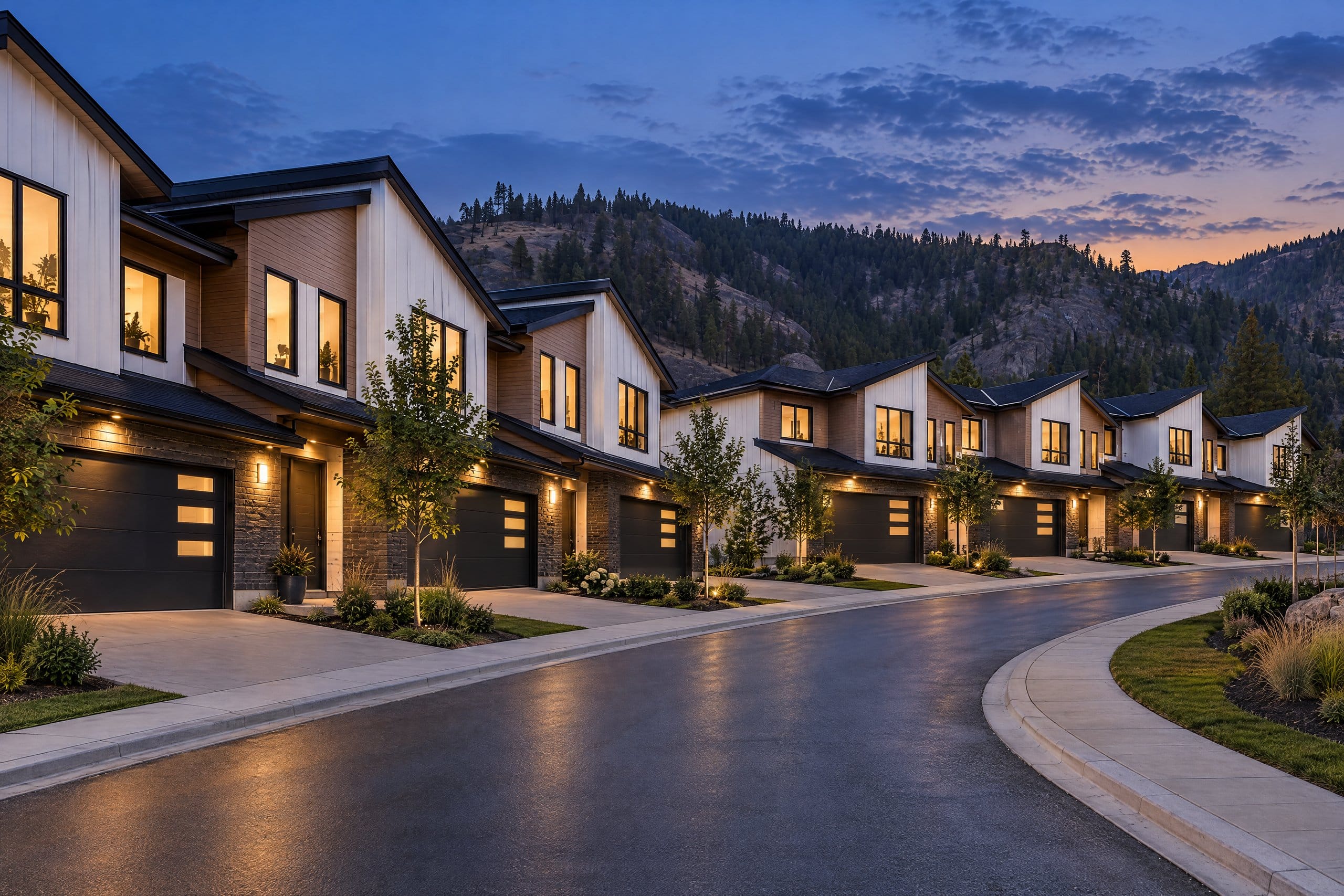 Paramount Peak Drive at dusk, buildings 1 and 2 finished with the lights on, rendered from a site photo
