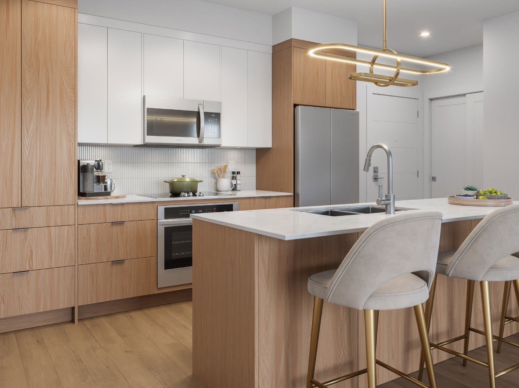 Rendering of a Revo Kelowna kitchen in the Opal palette, wood grain cabinets and a quartz island