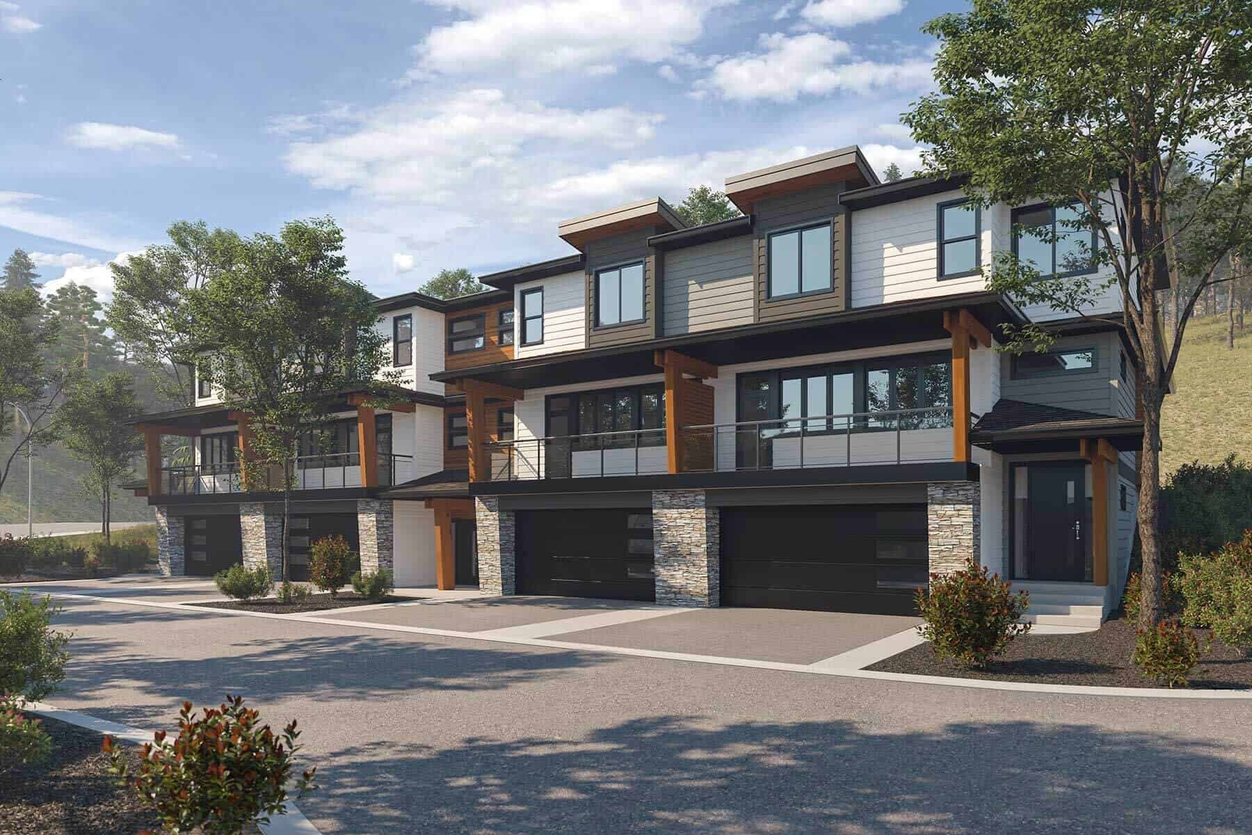 Rendering of the Nature's Gate townhomes at the entrance to Tallus Ridge, with double garages and timber posts